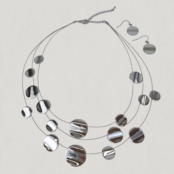 Necklace and Ear Set, Silver Tone, 3 Strand Illusion, Flat Bead, 16"-20" - Picture 6 of 10